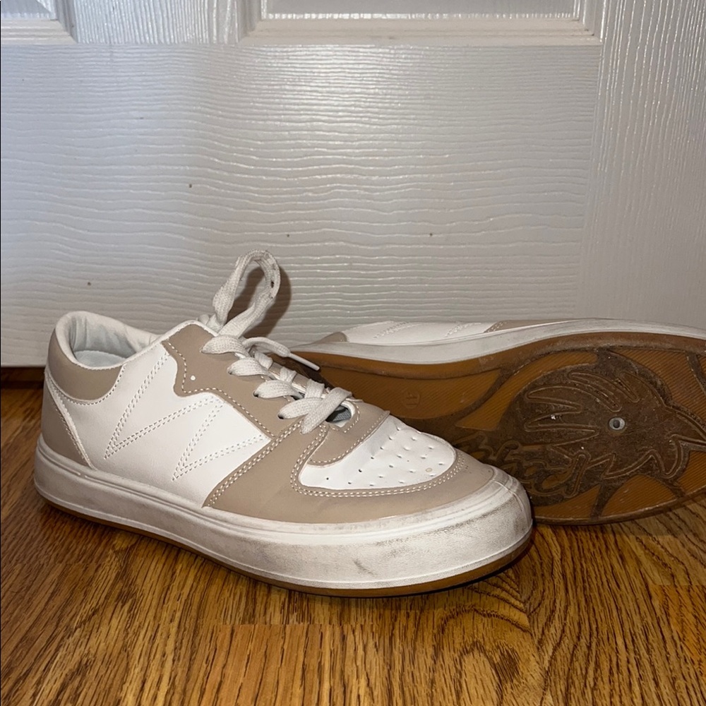 White and Tan Low-Top Sneakers